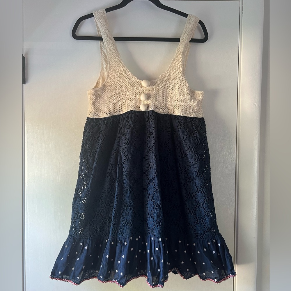 Vintage Manoush Lace Macrame Ruffle Hem Tank Dress Navy Cream Bohemian Boho